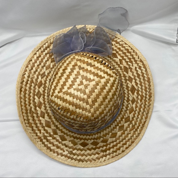 Wide Brim Straw Hat with Purple/Blue ribbon - Picture 2 of 5